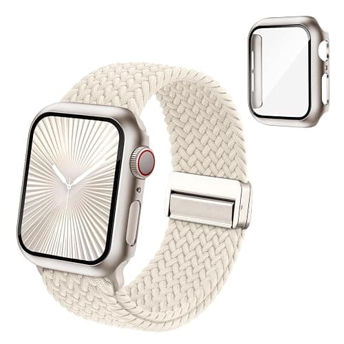 Magnetic Braided Stretchy Bands Compatible for Apple Watch Band and Case 40mm 41mm 42mm 44mm 45mm 46mm, Nylon Elastic Solo Loop with Screen Protector Cover for iWatch Series 10 9 8 7 6 5 4 3 11 SE 2 1 - Image 1