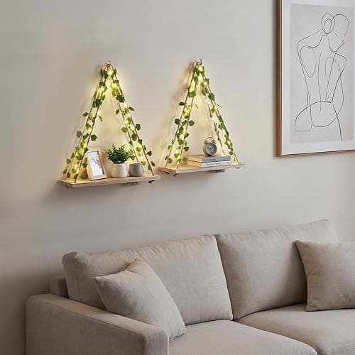 RICHER HOUSE Artificial Ivy LED-Strip Wall Hanging Shelves, Macrame Shelf for Bedroom Bathroom Living Room Kitchen, Wood Hanging Plant Shelves for Wall Décor thumbnail 6