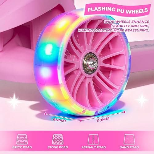 Nattork Kids Scooter for Girls Boys with Light Up Wheels, 3 Adjustable Height Handlebars, Lean-to-Steer Technology, Widen Anti-Slip Deck, 3 Wheel Scooter for kid ages 3-8, Support Riders Up to 110 LBS thumbnail 3