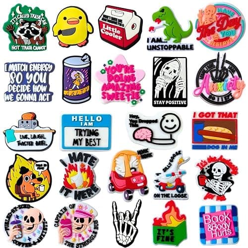 Funny Shoe Charms 24 PC Set Cool Fun Accessories for Men Women Girls Boys Teens Meme Sarcastic Charm Pin Humor Skeleton Dog Dinosaur Silly Goose Clog Decor for Shoes Witty Goofy Hilarious Gift - Image 1