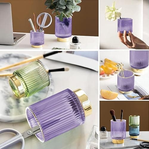 DASITON Makeup Brush holder Organizer,Crystal Cosmetic Makeup Brush Glass Brushes Storage Holder, Vintage Make Up Brush Cup Pen Pencil Holder striped vase(Purple L) thumbnail 4