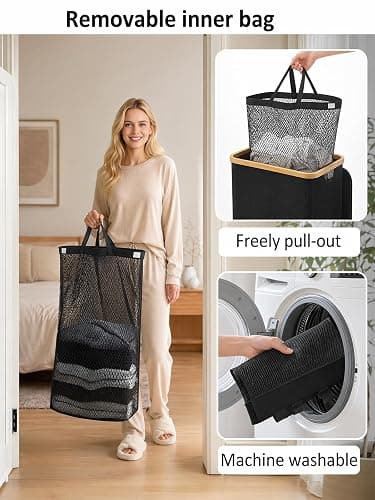 Laundry Hamper with Lid - Waterproof Freestanding Laundry Basket with Removable Liner Bag, Collapsible 110L Large Clothes Storage Laundry Bin with Easy Carry Bamboo Handle for Clothes Organizer thumbnail 5