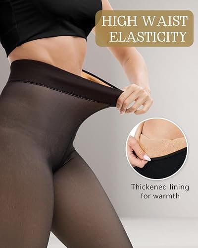 HONGTEYA 2 Pairs Fleece Lined Tights Women - Warm Sheer Pantyhose Fake Translucent Tights Winter Thermal Leggings thumbnail 5