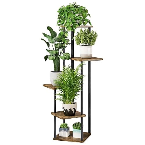 AZERPIAN Plant Stand 5 Tier Indoor Metal Flower Shelf for Multiple Plants Corner Tall Flower Holders for Patio Garden Living Room Balcony Bedroom, Black (5 Tier-Black) - 5 Tier-Black+Rustic Brown - Image 1