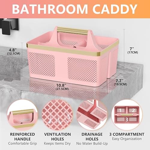 BYUNER Shower Caddy Dorm Plastic: Portable Bathroom Caddy Organizer with Handle and Holes, Cleaning Caddy, Hard Shower Basket Storage Tote for Toiletry, College Dorm Room Essentials Pink/Gold thumbnail 2