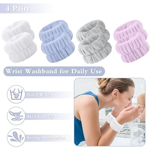 Wrist Bands to Wash Face, 8 Pcs Face Washing Wristbands, Skin Care Makeup Wristbands for Prevent Liquid from Spilling Down Your Arms (White, Gray, Blue, Purple) thumbnail 3