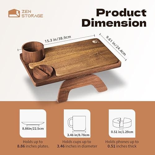 ZenStorage Acacia Wood Couch Arm Table Tray with Charcuterie Board with Phone Holder, Cup Slot & Folding for Wide/Narrow Recliners, Snack Table for Small Spaces TV Entertaining (Natural Wood) thumbnail 2
