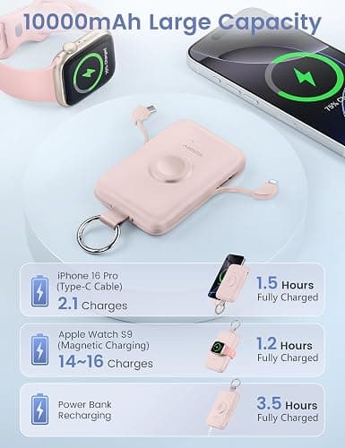 RORRY Portable Charger, 10000mAh PD 20W Fast Charging Portable Charger Power Bank with Built in Cables, Travel Battery Pack for iPhone 17/16/15/14/13/12 and Apple Watch Ultra/11/10/9/8/7/6/5, Pink thumbnail 5