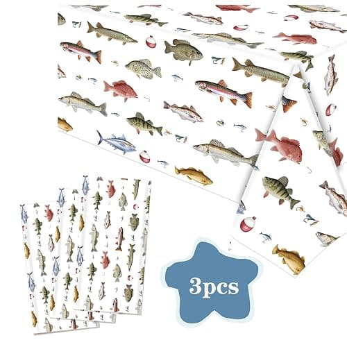 Vyntrago 3PCS Fishing Table Cloth, Plastic Party Tablecloth Decorations (54" x 108") Disposable Fish Party Supplies Table Cover, for Little Fisherman Decorations, Birthday thumbnail 4