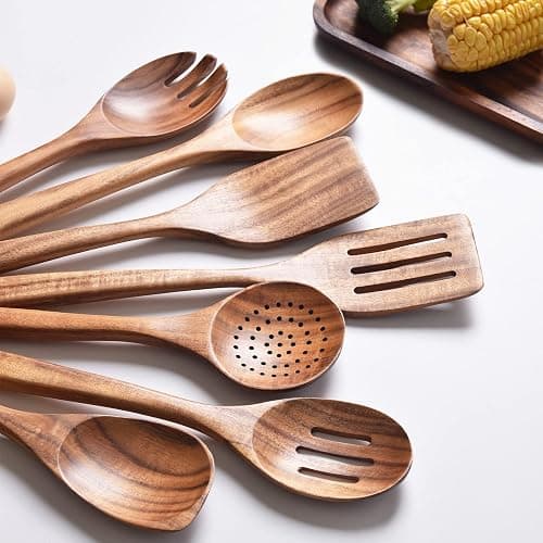 Gudamaye 13 inch Long Wooden Utensils for Cooking, Long Handle Wooden Spoons for Cooking, 7 PCES Crafting Wooden Spoon Set, Wooden Kitchen Utensil set, Natural Teak Wooden utensil Set thumbnail 5