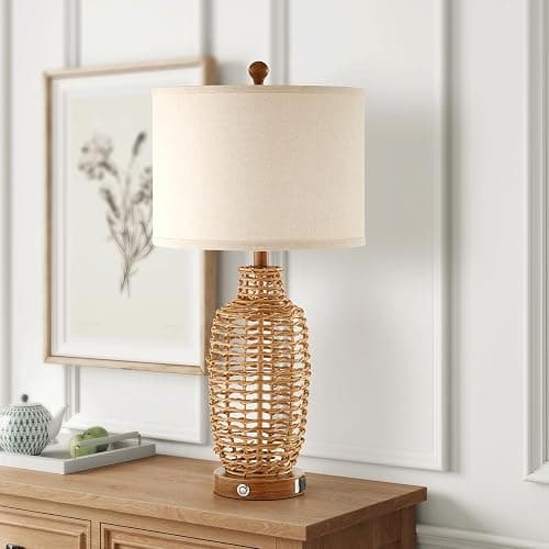 YIMNOVP Rattan Table Lamps Set of 2 Wicker Lamps 3 Way Dimmable Touch Control Farmhouse Rustic Coastal Lamps with USB Port for Bedroom Living Room Office (LED Bulbs Included) thumbnail 9