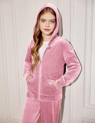 Arshiner 2 Piece Outfits for Girls Velour Tracksuit Hoodie and Jogger Set Sweatsuit Athletic Clothes Sets thumbnail 5
