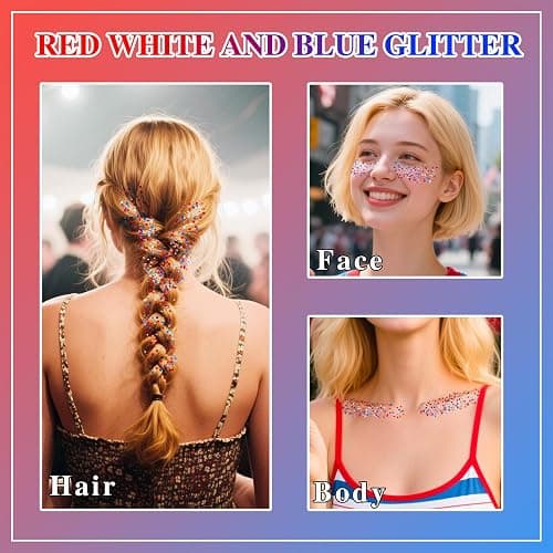 MEICOLY 4th of July Glitter Stick,Red White Blue Face Hair Glitter Stick with Star,Fourth of July Patriotic Accessories Outfits for Women,Soccer Softball Body Glitter Rave Makeup thumbnail 7