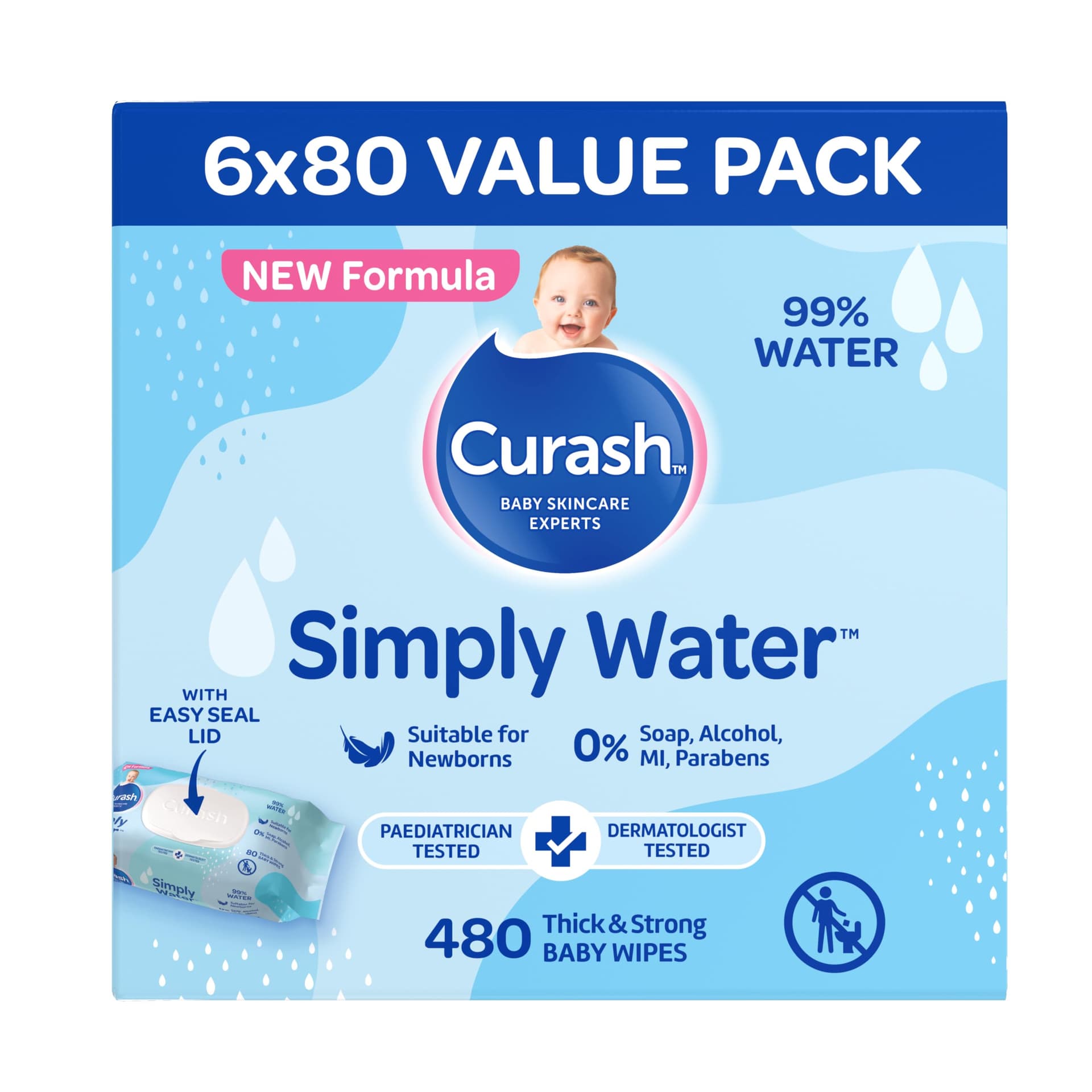 New Formula Curash Simply Water Baby Wipes, 6x80 Pack, Suitable for Newborns, 99% Purified Water, No Soap, Alcohol or Parabens, Thick & Soft Texture, Everyday Cleansing and Nappy Changes, 480 Wipes thumbnail 2