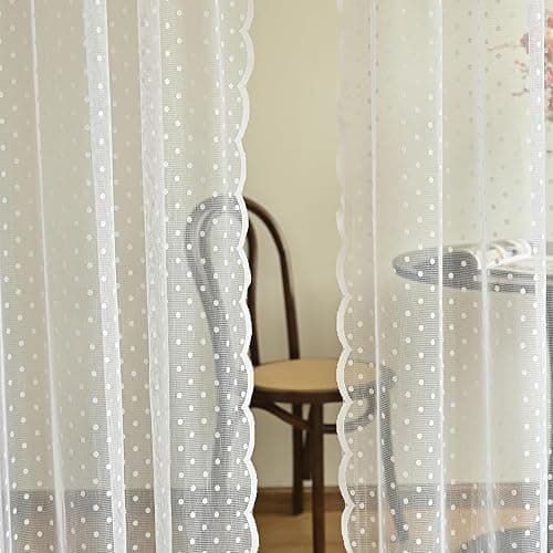 1PC 135 * 230cm One-Size Sheer Polka Dot Curtains with Scalloped Edge, White, Rod Pocket Window Curtain Panels Small Polka Dot Star Sheer Curtains with Rod Pocket thumbnail 4