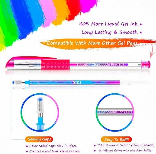 Soucolor Gel Pens for Adult Coloring Books, Deluxe 120 Pack-60 Colored Gel Pens, 60 Refills and Travel Case, with 40% More Ink Gel Art Markers Set for Drawing Journaling Scrapbooking Art Kit Supplies thumbnail 4