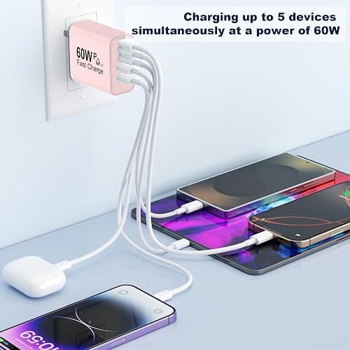 USB C Charger Block, 60W 5 in 1 Charging Blocks, PD 3.0 Fast Charger, QC 2A Pink Wall Plug Multiport Type C Charging Block for iPhone 17 16 15 14 13 12 Pro Max, iPad, iPod, Samsung, AirPods Pro thumbnail 6