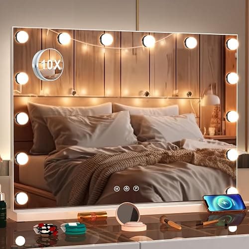 Hollywood Vanity Mirror with Lights,14 Dimmable Bulbs,3 Color Lights,10X Magnification,Makeup Mirror with Lights,Touch Control, Aluminum Metal Frame 50x42cm(20x16.5in) thumbnail 11