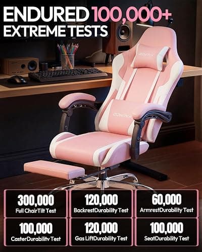Dowinx Ergonomic Gaming Chair with Footrest & Massage Lumbar, 2D-Linkage Armrests for Computer Chair 330lbs with Headrest Pillow for Office, Home, Streaming and Long Gaming Sessions, Bright Pink thumbnail 8