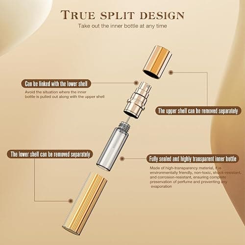 kuangre 10ml Perfume Atomizer Travel Refillable, Glass liner filled perfume bottle, Mini Cologne Dispenser, Portable Sprayer Pocket Size for Women Men Cruise Car Trip Gift 0.34oz (Gold) thumbnail 2