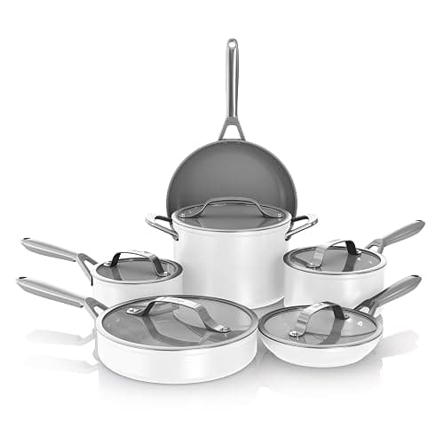 Ninja NeverStick Ceramic Pro 11-Piece Cookware Set, Non-Stick Pots and Pans, Glass Lids, Ceramic Coated, Stainless Steel, Stove to Oven Safe, All Stovetops, Induction Compatible, White, CW39011WH - 11pc-White - Image 1