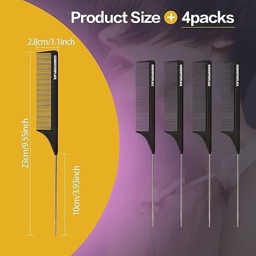 Goodofferplace 4PCS Hair Rat Tail Combs Carbon Parting Rattail Combs Teasing Fine Tooth Comb Metal Pick Detangling Combs Set for Women for Curly,Braiding,Styling Hair(Black) thumbnail 2