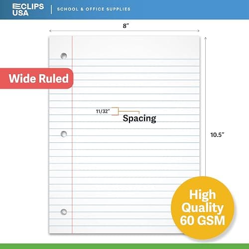 Wide Ruled Loose Leaf Paper Wide Ruled Notebook Paper Lined Writing Filler Paper 10.5” x 8” 56 gsm 300 Sheets 100 Sheet Per Pack (3 Pack) thumbnail 2