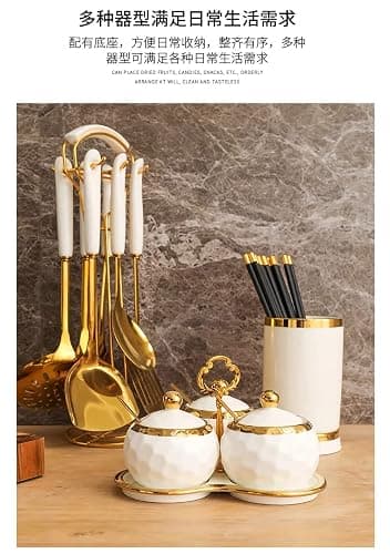 AQUAX Stainless Steel kitchenware seven Pieces Set (White Gold).Cooking Utensils 7 pcs Set with hanging shelf .Include Slotted Spoon, Slotted Spatula, Large Spoon, Soup Ladle, Spatula, Pasta spoon. thumbnail 7