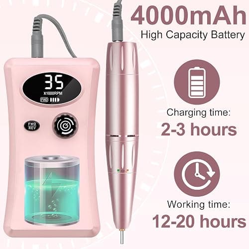 Electric Nail Drill, Urbuti 35000RPM Professional Nail Drill Machine, Portable Rechargeable File Machine Set for Acrylic Gel Nails, Manicure Pedicure Tools for Home and Salon Use(Pink) thumbnail 2