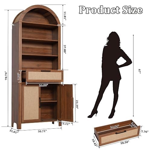 Janmer Home 79" Tall Arched Bookcase with Storage, Mid Century Modern 6-Tier Cabinet with Door and Drawer, Arched Bookshelf with Open Display Shelf for Office Living Room(Walnut, 79inch-Doors) thumbnail 2
