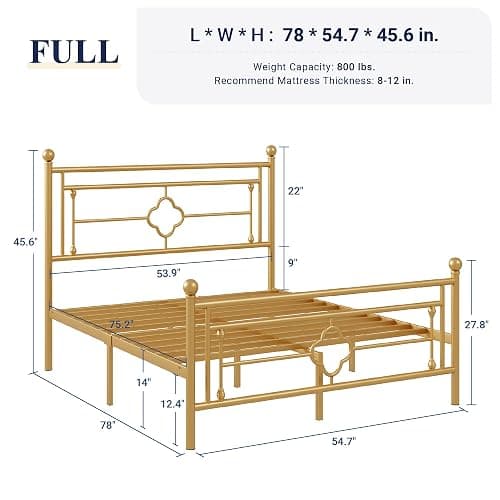 Allewie Full Size Metal Platform Bed Frame with Victorian Vintage Headboard and Footboard/Mattress Foundation/Under Bed Storage/No Box Spring Needed/Noise-Free/Easy Assembly, Gold thumbnail 2