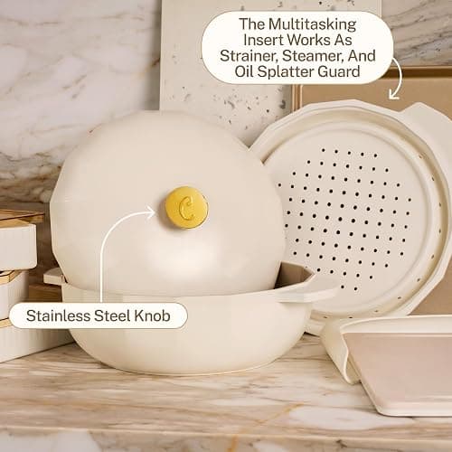 Cravings by Chrissy Teigen The Perfect Pan 5.3 Qt Dutch Oven Pot with Lid, Nonstick Lightweight Aluminum Everyday Pot with Steamer/Strainer Insert, Oven & Stovetop Safe (White) thumbnail 5