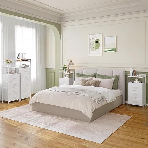 Somdot White Tall Night Stand for Bedroom,Tall 5 Drawers Dresser, Vertical Storage Tower Unit, Nightstand Furniture with Fabric Drawer Organizer in Bedside Kids Dorm Room Closet Laundry Entryway thumbnail 2