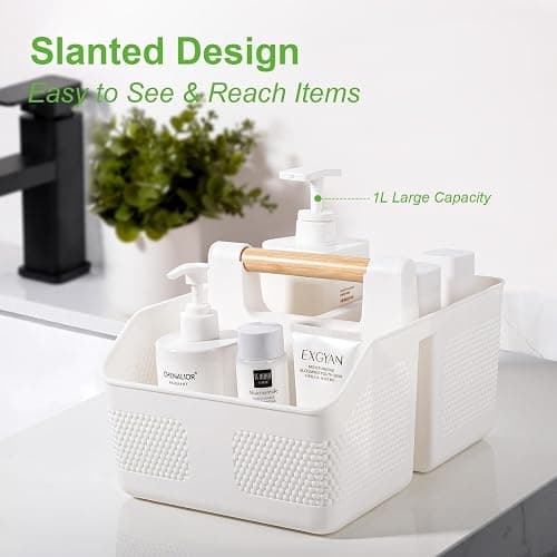 rejomiik Shower Caddy Portable with Bamboo Handle, Plastic Basket Cleaning Caddy Organizer Storage Tote for Bathroom, College, Dorm Room Essentials, White thumbnail 3