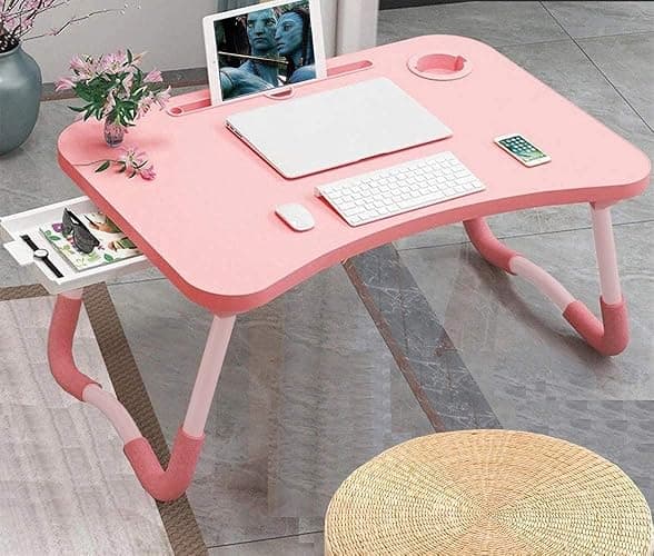 Laptop Desk Foldable Bed Table, Portable Lap Desk Laptop Bed Tray Table with Storage Drawer and Cup Holder, Lap TraysTables Notebook Stand Reading Desks Breakfast Tray for Beds Couch Sofa Floor – Pink thumbnail 2