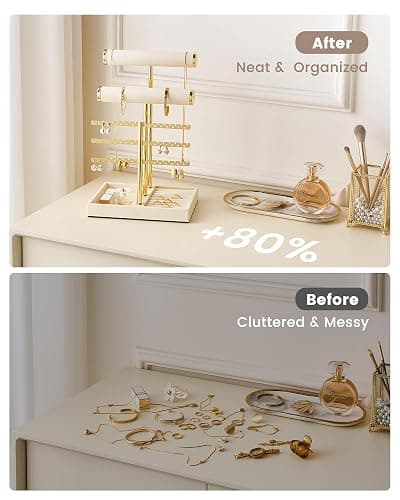 Lolalet 5 Tier Jewelry Stand Holder, Bracelet Necklace Display -Beige | PU Leather Hanging Jewelry Rack with Storage Tray, Ring Watch Bangle Earring Organizer, Gifts Dorm Room Decor for Women Girls thumbnail 9