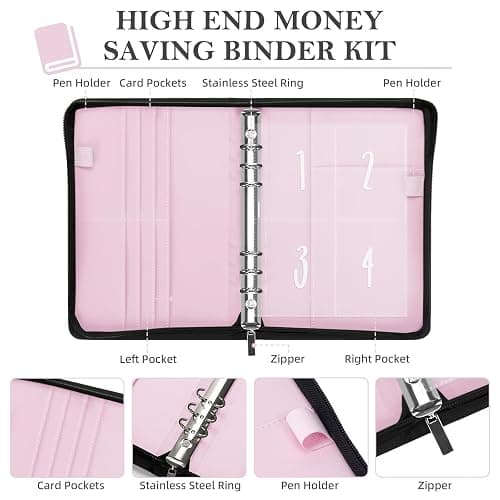 Ospelelf 100 Envelopes Money Saving Challenge Book Zipper Closure Leather 52 Weeks Savings Challenges Budget Planner Binder to Save $10000 $5050 Pink thumbnail 4