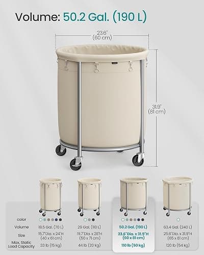 SONGMICS 50.2-Gallon (190 L) Laundry Basket with Wheels, Rolling Round Heavy-Duty Laundry Hamper Cart with Steel Frame and Removable Bag, 2 Locking Wheels, Cream White and Metallic Silver URLS01MZ thumbnail 3