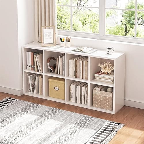 NELYE 8 Cube Organizer Bookcase - Fabric Storage Bins Container, Open Shelf Simple Compartments Bookshelf, White - Image 1