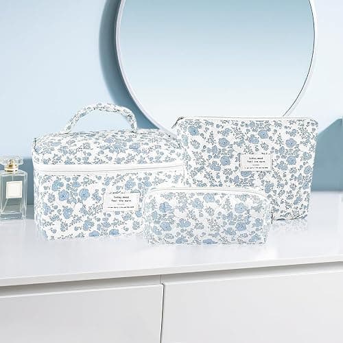 URSKYTOUS 3Pcs Makeup Bag Quilted Cosmetic Bag Set Bow Travel Large Makeup Pouch for Women Cute Portable Cotton Toiletry Bag Skincare Organizer Coquette Vintage Travel Essential thumbnail 2