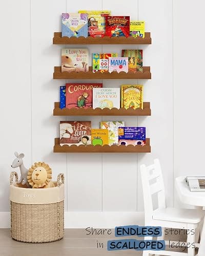 Harwaya Walnut Nursery Book Shelves Wall Set of 4, Dark Wood Scalloped Floating Bookshelf for Wall, Cloud Wooden Hanging Shelving Unit for Kids Bedroom Baby Child Toddler Room Kitchen (Walnut Brown) thumbnail 3