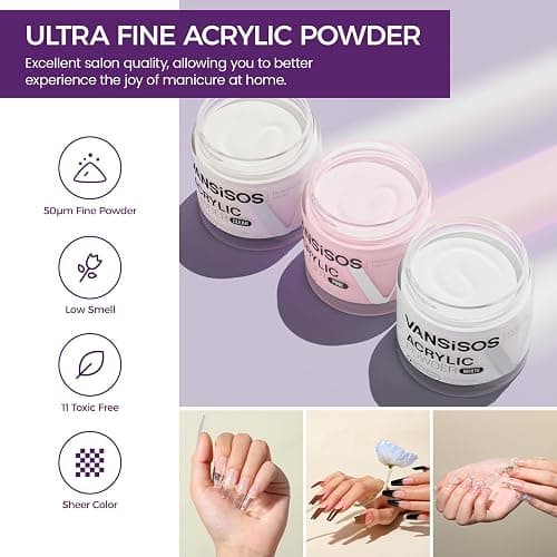 VANSISOS Acrylic Nail Kit for Beginners:Nails Kit Acrylic Set with 3PC Acrylic Powder 75ml Acrylic Liquid Set with Glitter Powder Top Coat Nail Tools Perfect Acrylic Nail Kit for DIY Nail Art at Home thumbnail 3