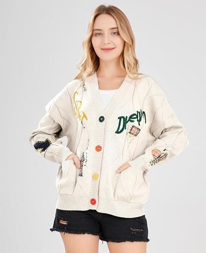 Women's Cable Knit Long Sleeve Open Front Cardigan Sheep V-Neck Button Down Embroidery Wool Blend Sweater Coat Outwear thumbnail 2