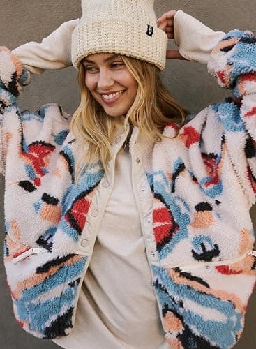 Kumufenc Printed Sherpa Jacket for Women Long Sleeve Button Down Fuzzy Fleece Coat Y2K Outerwear with Pockets thumbnail 2