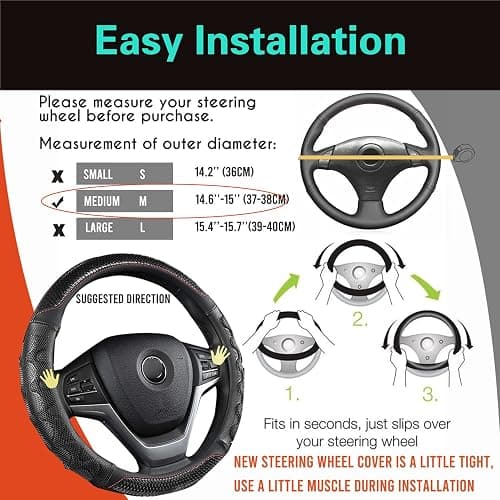 PINCTROT Steering Wheel Cover Great Grip with 3D Honeycomb Anti-Slip Design, Universal 14.5-15 Inch (Black/Red Stitch) thumbnail 6