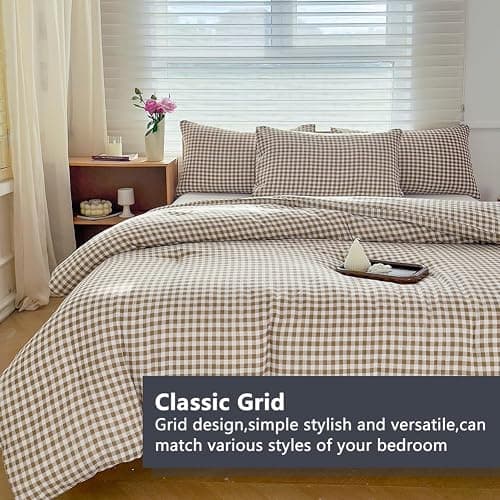 NSNLGSGC Tan Gingham King Comforter Set, 3 Pieces | Brown Grid Bed Comforter, 3 Pieces, 1 Comforter, 2 Pillowcases thumbnail 3