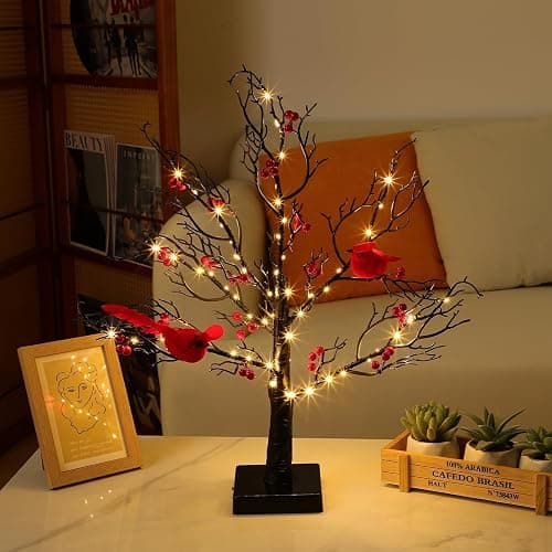 Vintage Glowing Tree with Cardinals and Berries, LED Cardinal Tree Lamp, Indoor Christmas Decorations with Lighted Branches, Vintage Christmas Decor for Home - Image 1