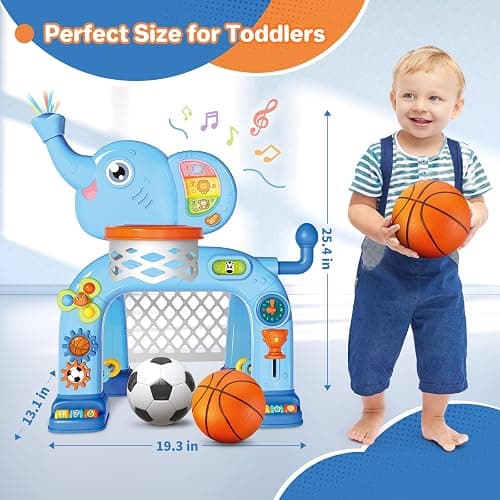 SpringFlower Toddler Basketball Hoop & Soccer Goal Activity Center Toys with Light & Music,Elephant Toddlers Musical Toys Gift, Baby & Toddlers Christmas Birthday Gift for 1 2 3 Year Old Boys & Girls - Blue thumbnail 3