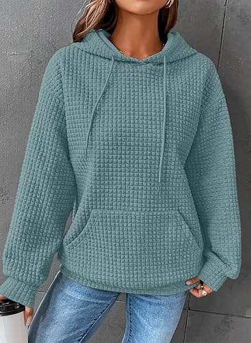 SHEWIN Womens Hoodies Casual Long Sleeve Drawstring Waffle Pullover Tops Loose Hooded Sweatshirt with Pocket thumbnail 2