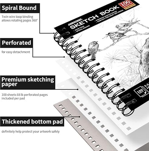 FIXSMITH 5.5"X8.5" Sketch Book | 100 Sheets (68 lb/100gsm) Sketchbook| Acid Free Drawing Paper | Spiral Bound Artist Sketch Pad | for Kids, Beginners, Artists & Professionals | Bright White thumbnail 5